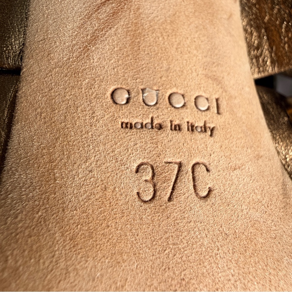 Gucci | Vintage Babouska Studded Metallic Gold Leather 5” Heels - Picture 8 of 16